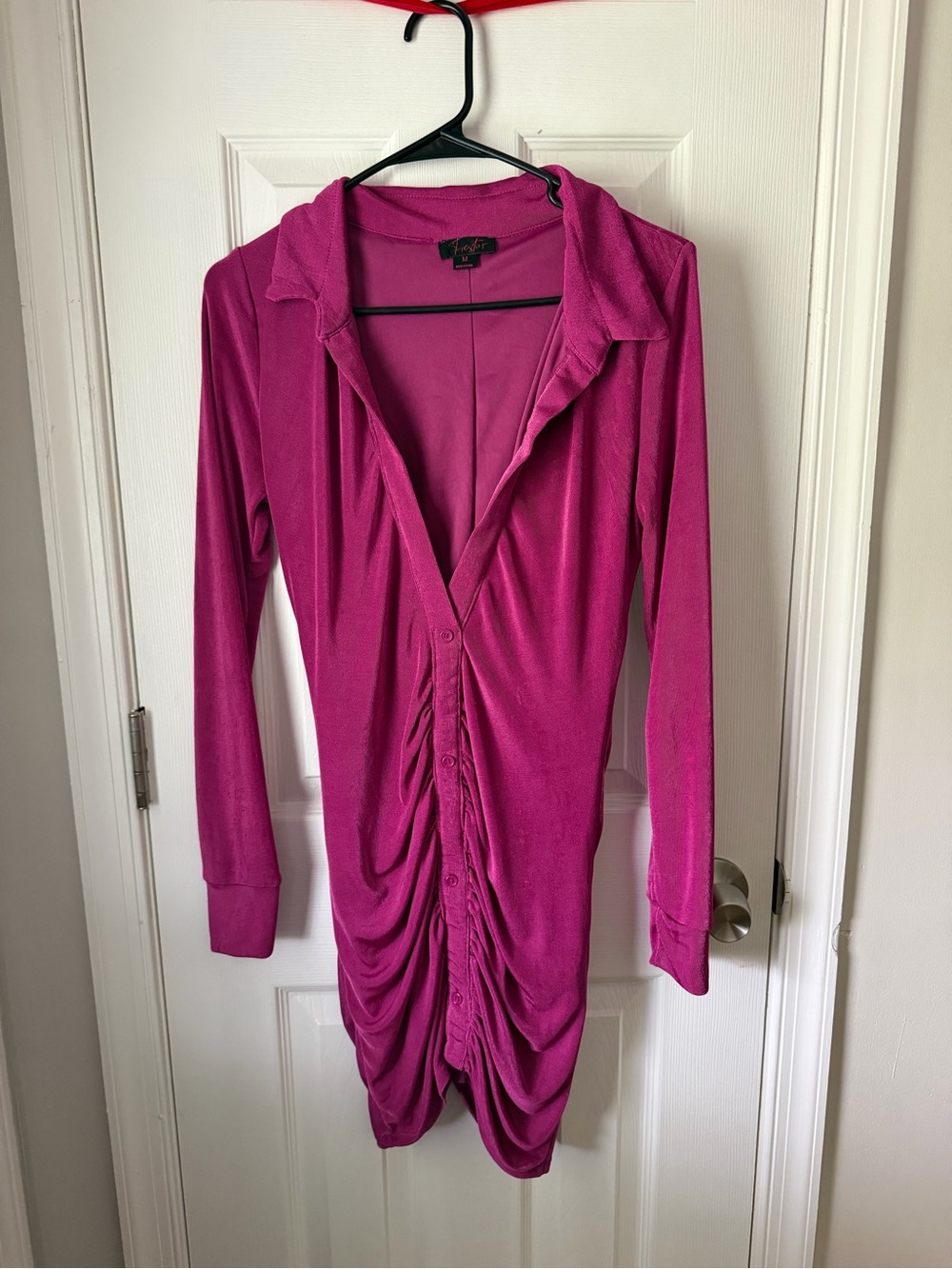 Fuchsia Ruched Button-Front Dress
